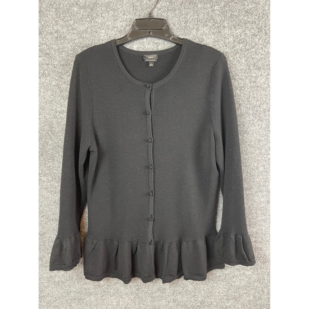 Talbots Cardigan Women Large Black Merino Wool Peplum Ruffle Cuff